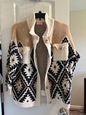 Pink Lily Taupe Black Cream Aztec Knit Button Cardigan
